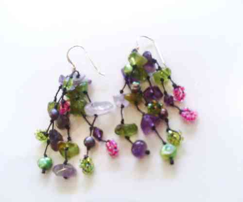 Earrings, Silver and Beads, Purple or Green & Purple