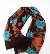 Brown Scarf with Blue and Brown Flowers