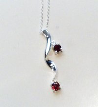 Wave Shape with 2 Red Stones, Sterling Silver Pendant
