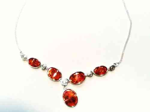 Silver Chain Necklace with Oval Amber Stones 18"